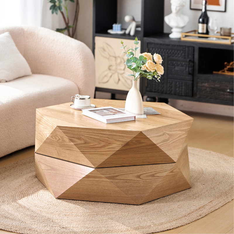 Table basse à rabat 36,09 po Polygon, finition naturelle, placage en bois massif de haute qualité, rangement dissimulé, sans assemblage, convient à la table de détente de chambre à coucher