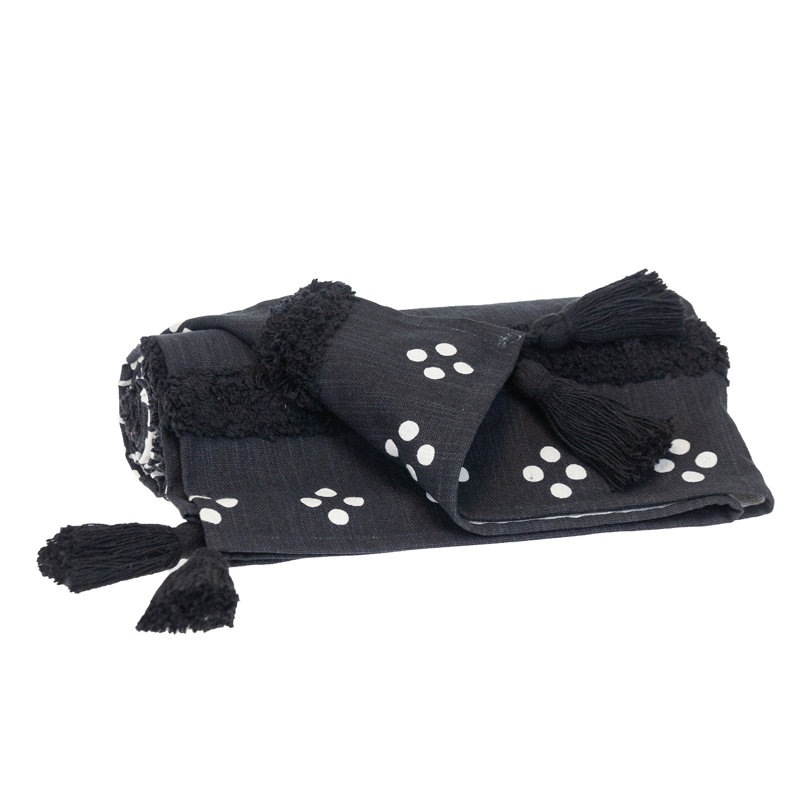 Transitional Black and White Cotton Throw with Tasseled Ends 50" x 60"
