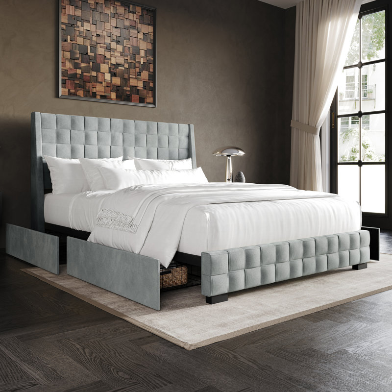 Dyisha Upholstered Unfinished Wingback Storage Bed, Silver Gray, King