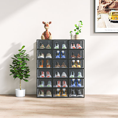 Black Shoe Storage Box Organizers Stackable (Set Of 18)