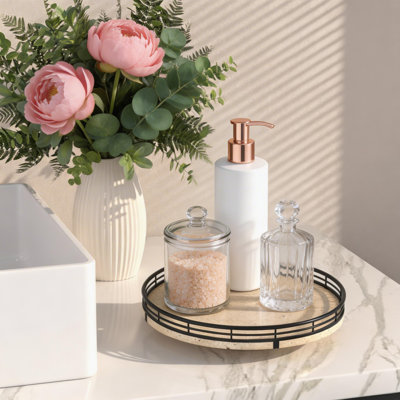 Natural Travertine Rotating Tray, Suitable For Tabletops—Round Marble Tray Organizer, Can Be Used In Bathrooms, Dressing Tables, Dining Tables, Kitchen Countertops And Bar Counters, With Luxurious Stone Borders.