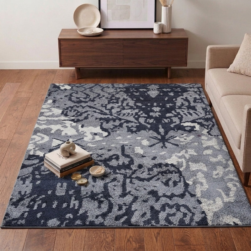 Tapis d'intérieur rectangulaire en soie nouée à la main, gris et blanc abstrait, Rectangulaire 3 pi x 5 pi