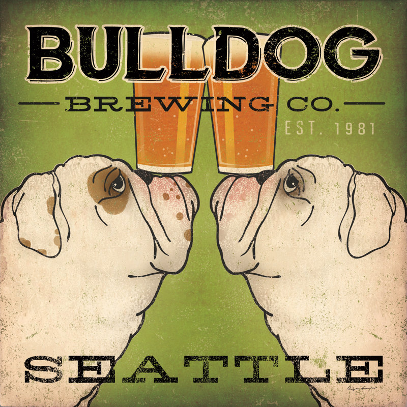 Bulldog Brewing Seattle par Ryan Fowler - art textuel sur toile tendue, H 12 po x l 12 po, Imprimé avec cadre blanc