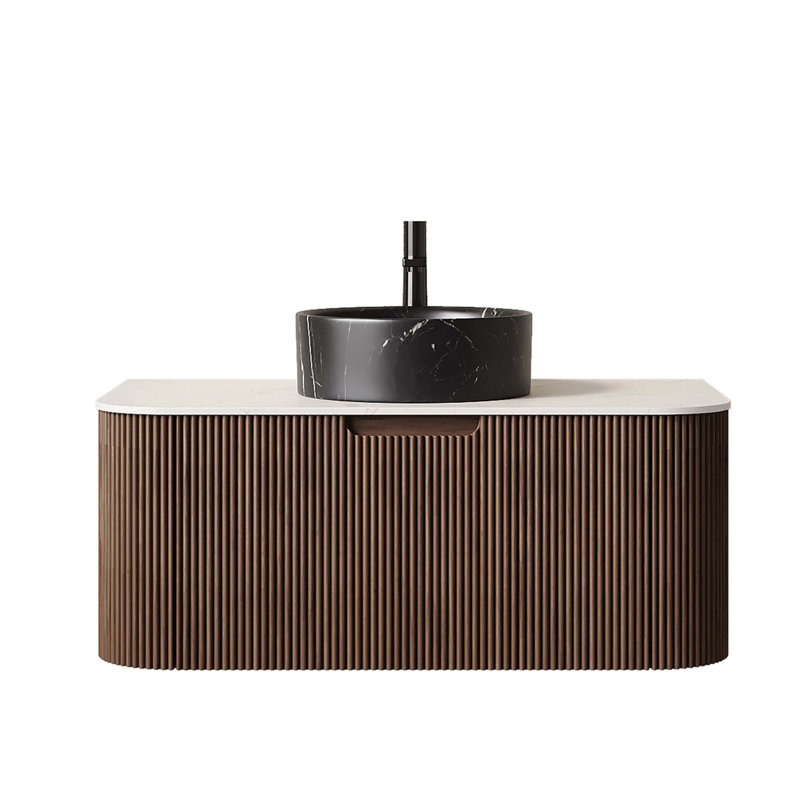 Meuble-lavabo flottant 36 po avec lavabo, armoire de rangement rayée à bord arrondi avec tiroir, lavabo rond en céramique noir pierre et plateau en pierre frittée blanc de Carrare, pré-assemblé, grain de bois noyer foncé