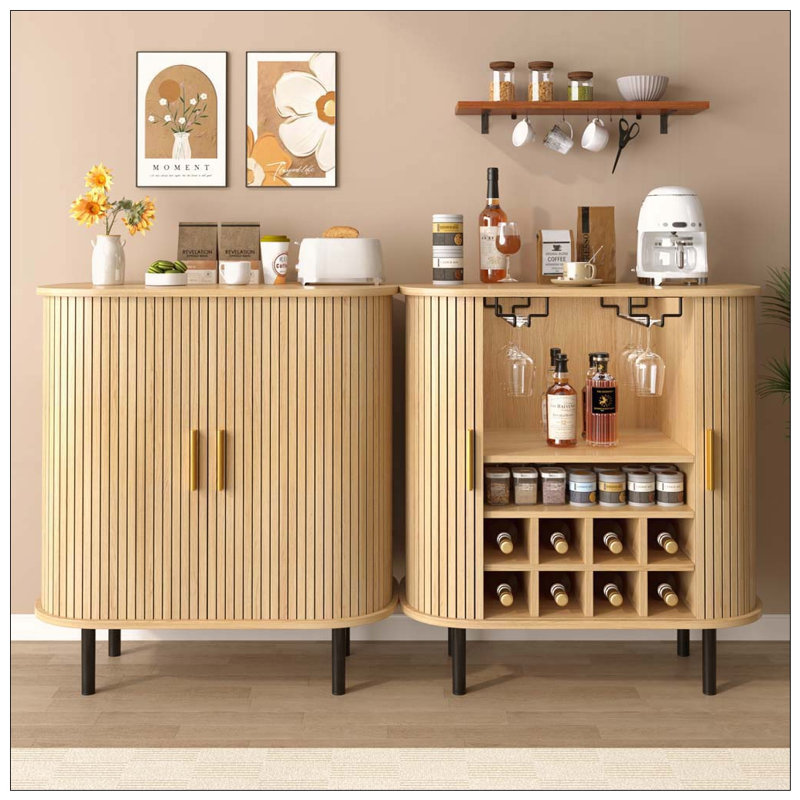 Armoire à vin cannelée de 28 po avec support à vin à 8 grilles, 5 tablettes réglables à 5 niveaux, 2 porte-verres, portes à tambour coulissantes, 4 espaces de rangement cachés sur le côté