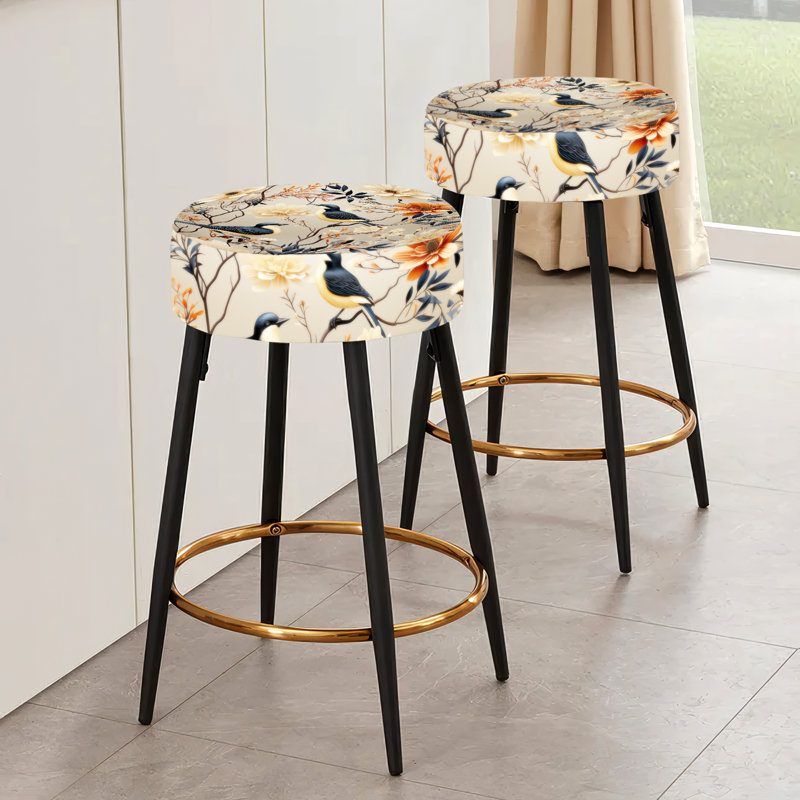 Ensemble de 2 tabourets de bar beige avec oiseaux sur une branche
