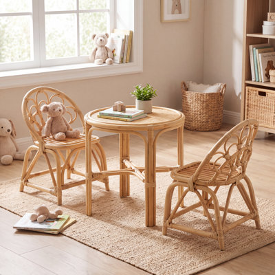 Rattan Kids Table Sets With Backrest And Removable Cushion For Playroom/Kids Room/Bedroom