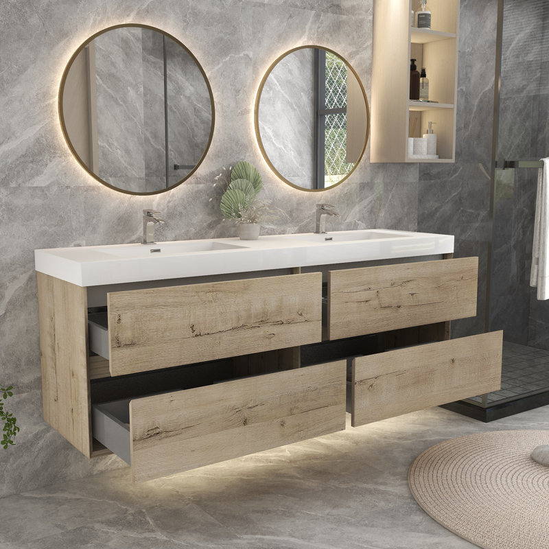 Ensemble de meuble-lavabo double 70 po, Chêne blanc