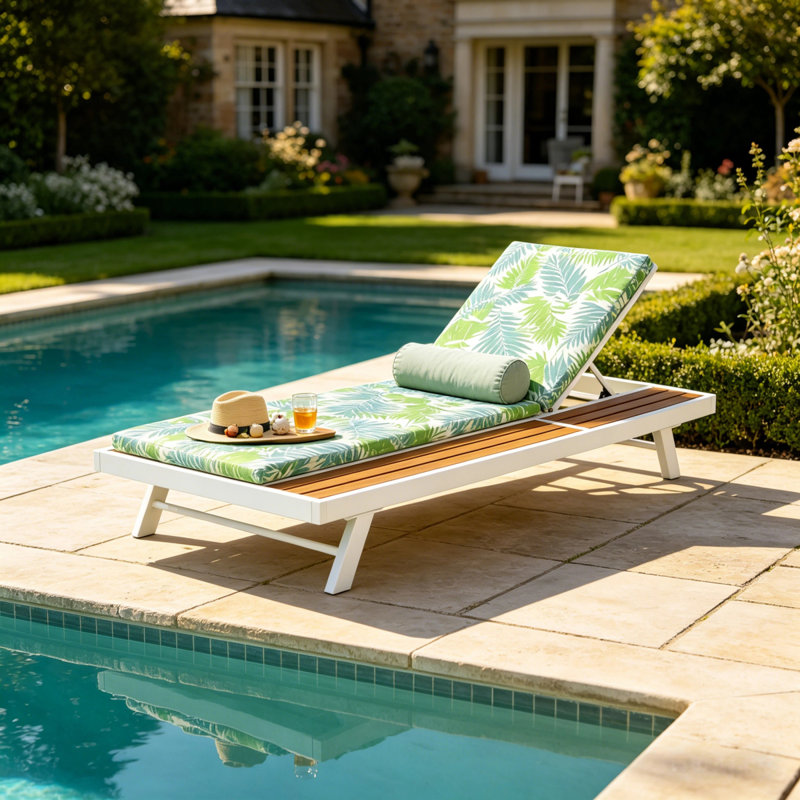 Ensemble de chaises longues d'extérieur en fer blanc + teck avec coussin feuille de noix de coco, coussin résistant à l'eau pliable de 2 po d'épaisseur, dossier réglable avec surface de rangement plate pour le patio près de la piscine