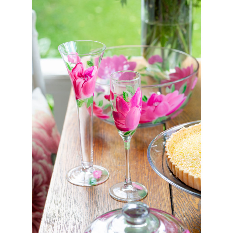 Hand Painted Pink Peony Glass Flute Set