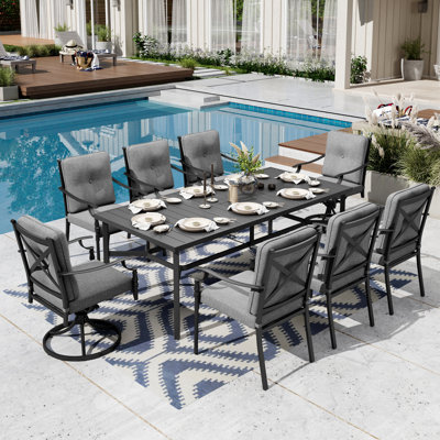 8-Person Patio Dining Set With Sling And Swivel Chairs With Cushions