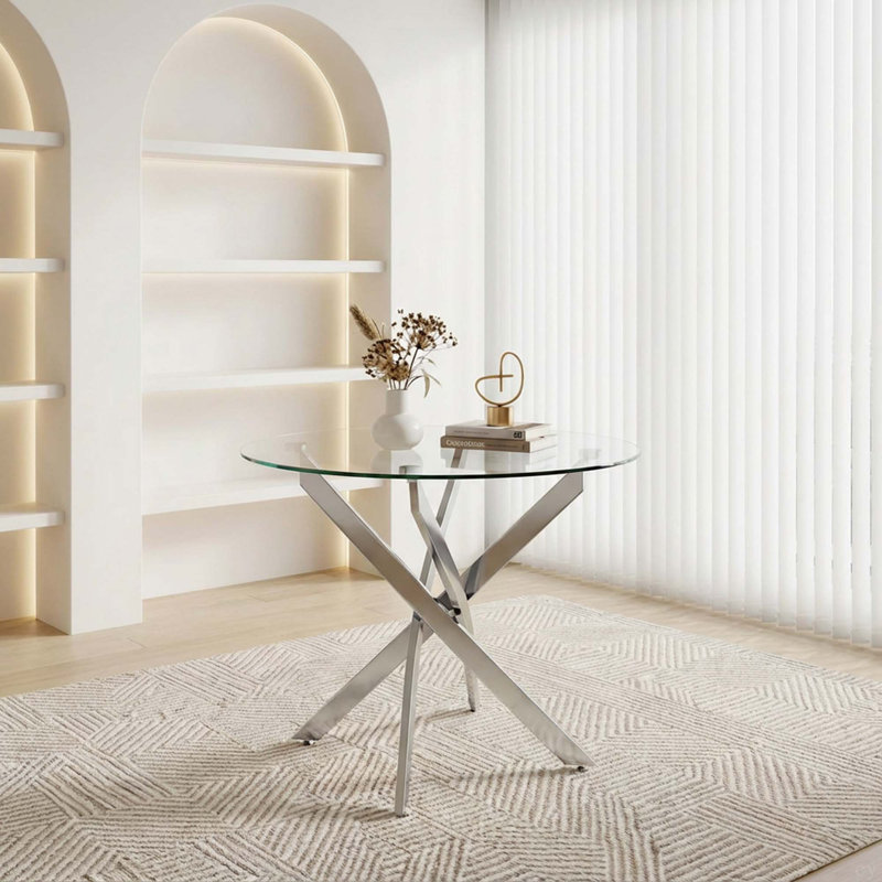 Round Dining Table, 35.5" Glass Dining Table With Legs, Modern Kitchen Table For Home Kitchen, Dining Room, Chrome
