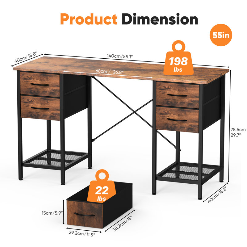 47 Inch Computer Desk with 4 Drawers, Mesh Shelf for Home Office, Study, Bedroom, 29.5" H x 55.1" W x 15.8" D