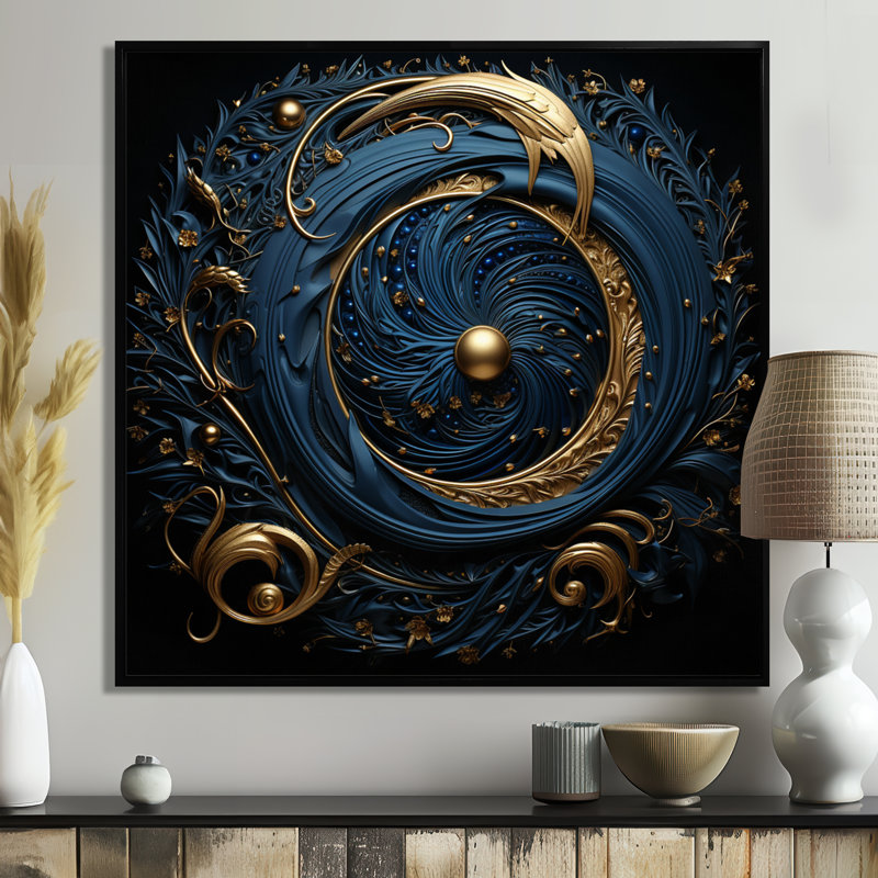 Soleil doré dans une galaxie ornementale - impression d'art floral moderne, Cadre flottant noir, H 16 po x l 16 po