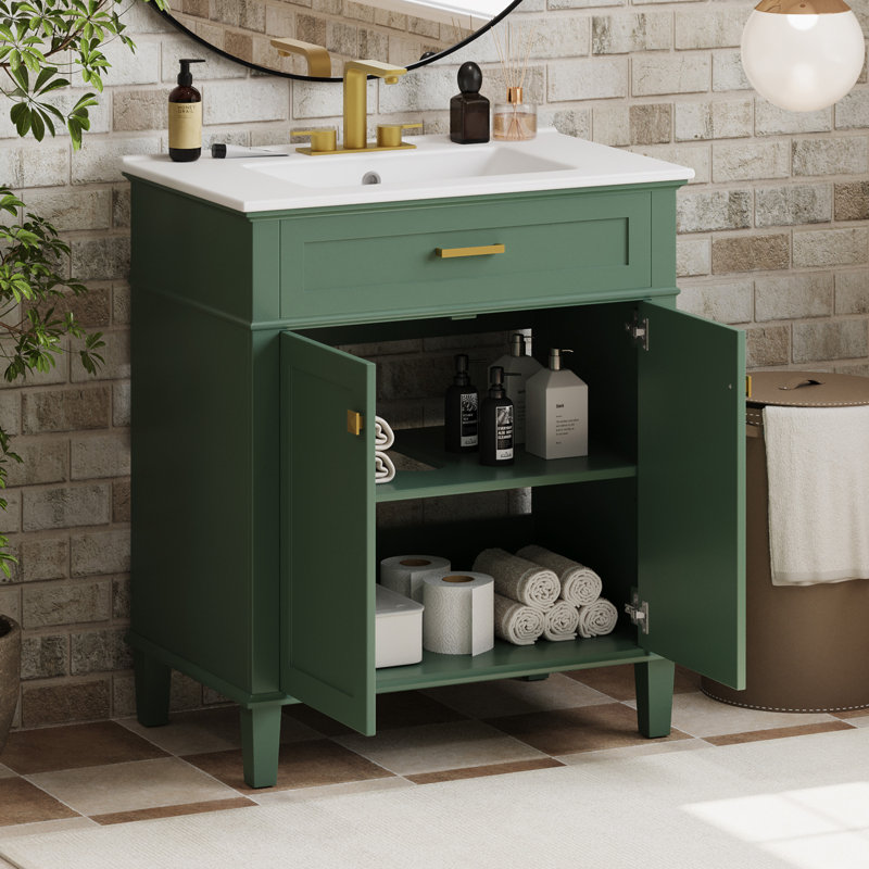 Green 30-Inch Solid Wood Bathroom Vanity with Ceramic Basin