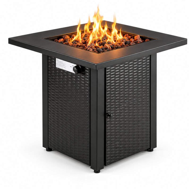 Table de foyer extérieure carrée au propane de 71 cm (28 po) et 50 000 BTU avec couvercle de brûleur amovible et rangement dissimulé pour la bouteille, noir
