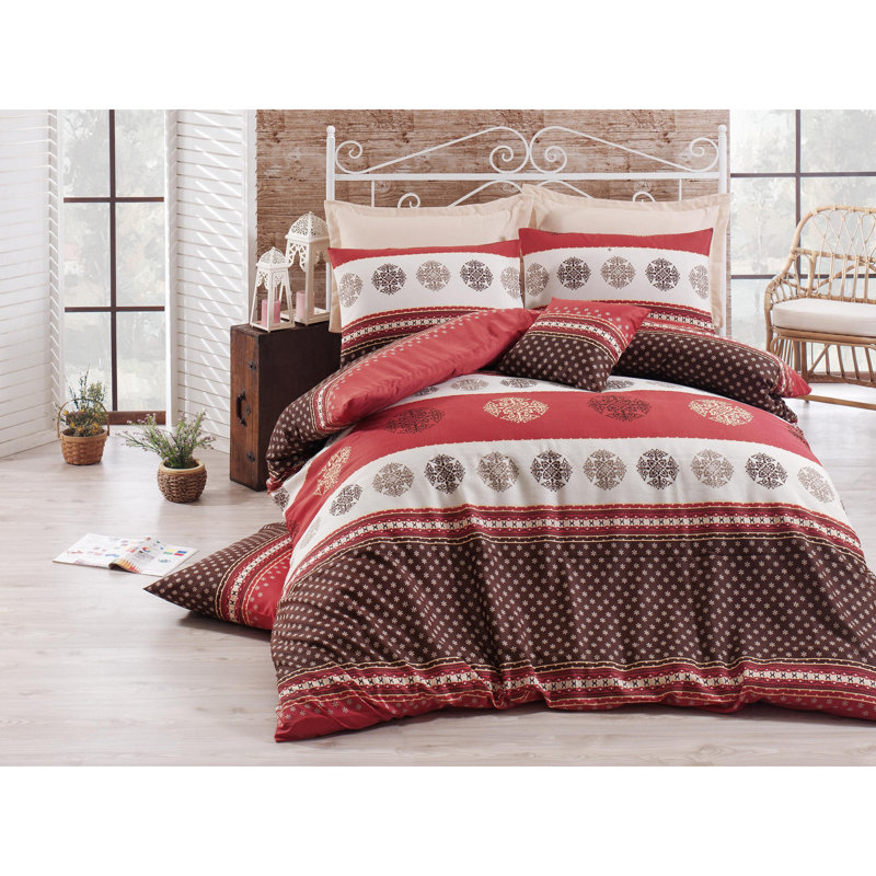 Ensemble de housse de couette 3 pièces en mélange de coton rouge / brun / beige Alezae