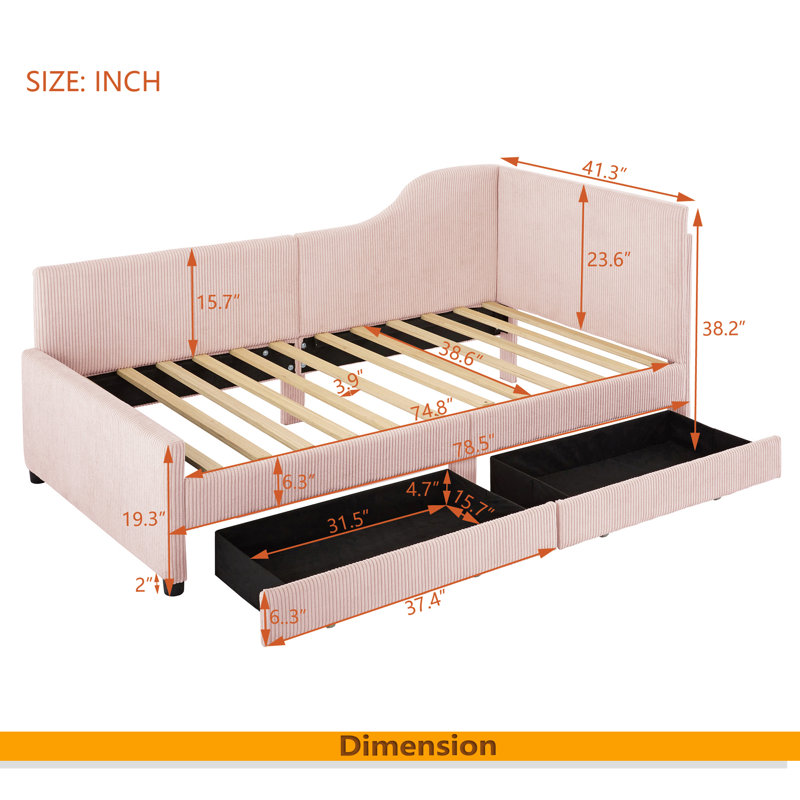 Twin Size L-Shaped Corduroy Daybed,Upholstered Bed Frame With 2 Storage Drawers, Pink