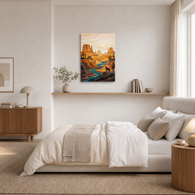 Tableau sur toile représentant un paysage de canyon boisé en strates avec des coyotes