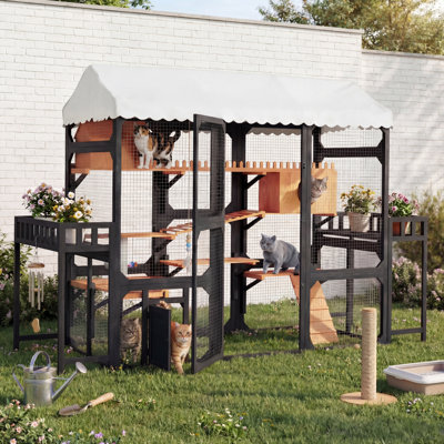 Enceinte d'extérieur pour chat et Catio, parc pour enfants en bois de pin massif à plusieurs niveaux avec toit résistant aux intempéries, rampes d'escalade et ponts pour patio