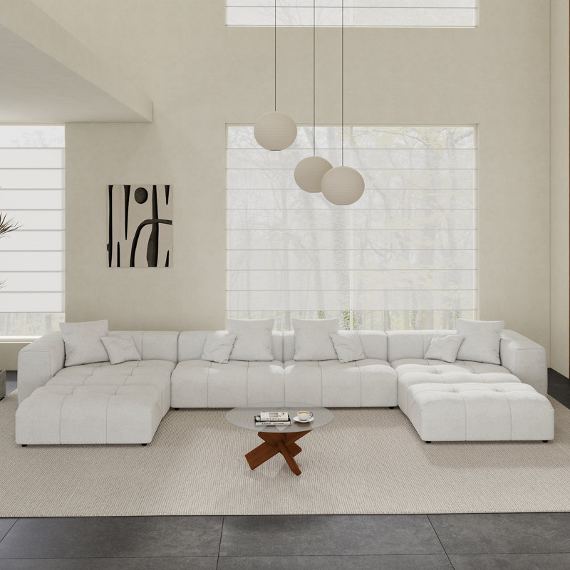 Kay Crumley 6-Piece Upholstered Modern Linen Fabric Sectional Sofa With Ottoman, White