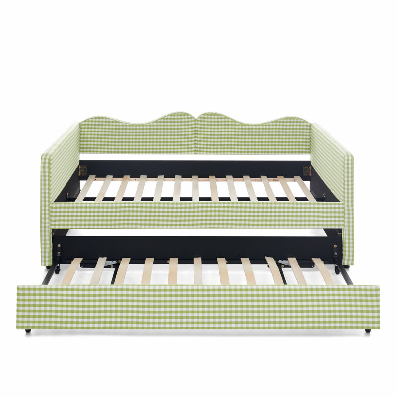 Lit de jour avec poche de rangement latérale, lit rembourré avec base de lit gigogne escamotable, Double, Vert