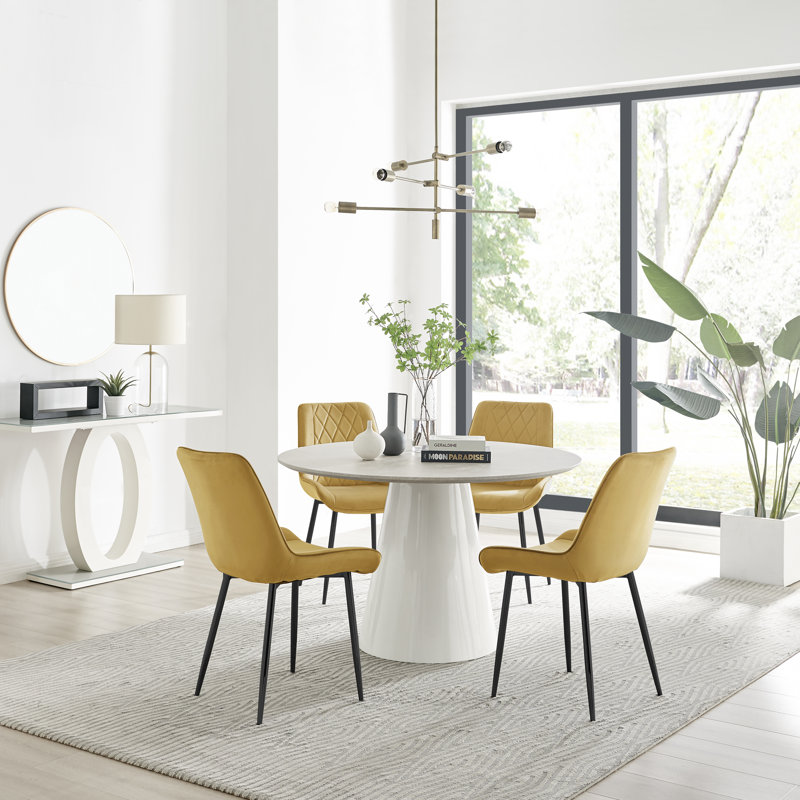 Statement 4 Person Round Dining Table Set in Luxury Beige Stone Effect - Velvet Dining Chairs, Mustard/Black