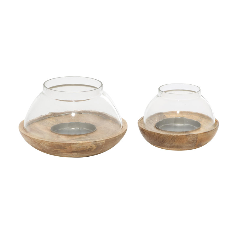 Solid Mango Wood and Glass Hurricane (Set of 2)