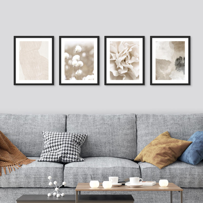 " Abstract Botanical Pictures Beige " 4 - Pieces, 14" H x 11" W, Black
