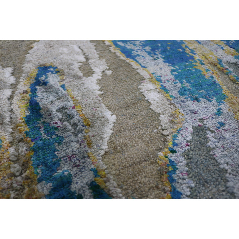 Odyssey Modern Clouds Ocean Coastal Distressed Beige Turquoise Aqua White Wool and Natural Silk Hand-Knotted Area Rug