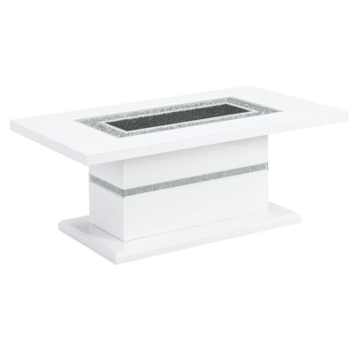 Contemporary White Coffee Table With Glossy Finish And Clear Glass Feature Table. Fashion Glitter Accents. Manufacturing, High Coating, Inlaid. Rubber Wood, 52 Inches Long X 28 Wide 20 High, 110.55