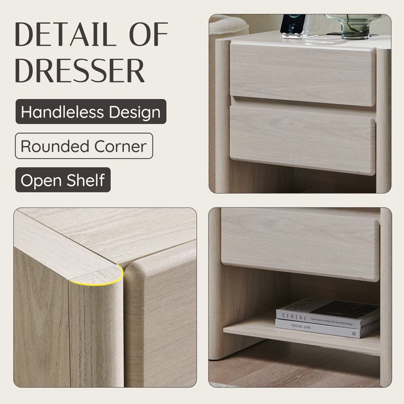 Bolanos 25" Tall Modern End Table with Charging Station, Wood Side Table w/2 Storage Drawers & Open Shelf, Rounded Corner Design for Bedroom 