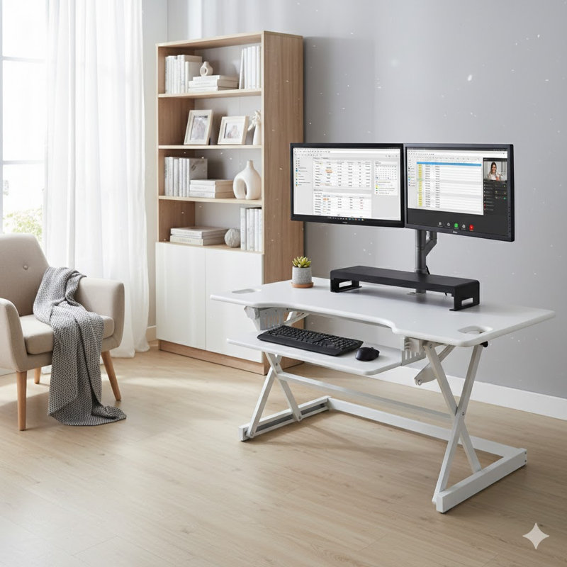  46 in. White Height Adjustable Standing Desk Converter with Double Monitor Mount Stand and Deep Keyboard Tray, White/White