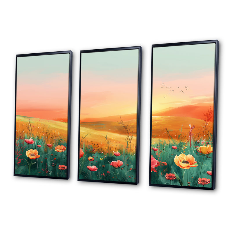 Flower Meadows At Sunset I - Ensemble de décorations murales fleurs, H 28 po x l 36 po x P 1 po