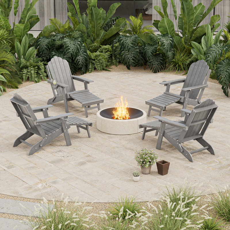 set of 4 HIPS Folding Adirondack Chair Adjustable Chair with Ottoman Fire Pit Patio Chair for Outdoor, Light Gray