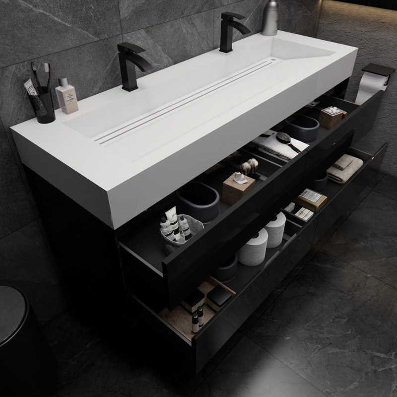 Albizu 59" Wall-Mounted Double Bathroom Vanity, Black