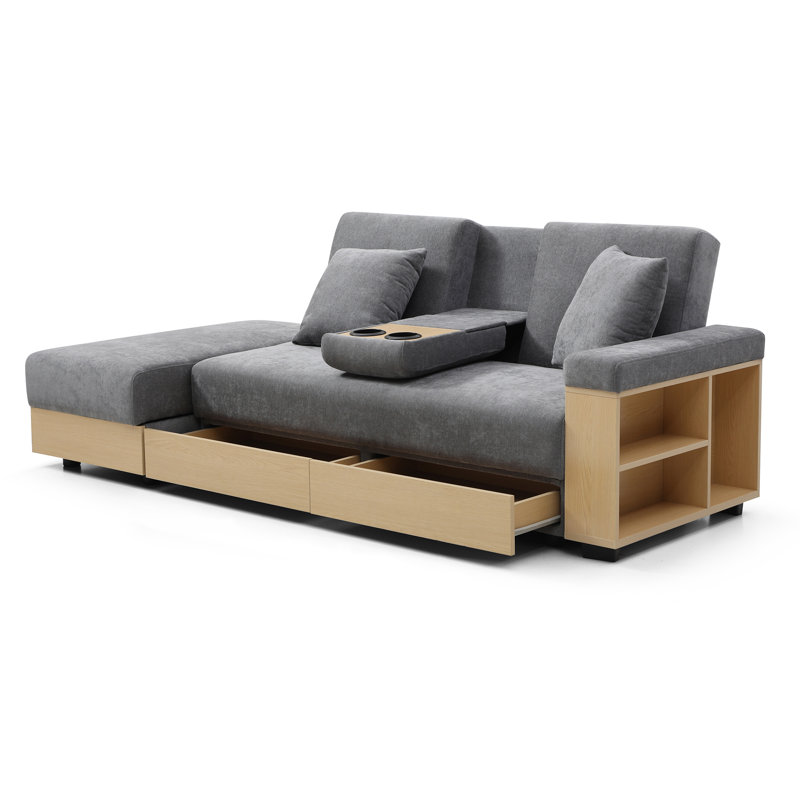 Convertible Sleeper Sofa Couch with Box and Drawer,2 Cup Holders, Gray