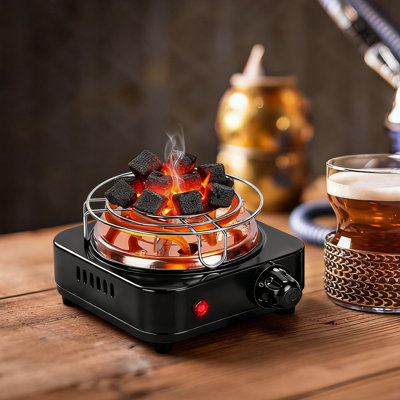 Black 500W Electric Charcoal Burner with 5-Temperature Settings, Grill & Tongs for Coal Heating