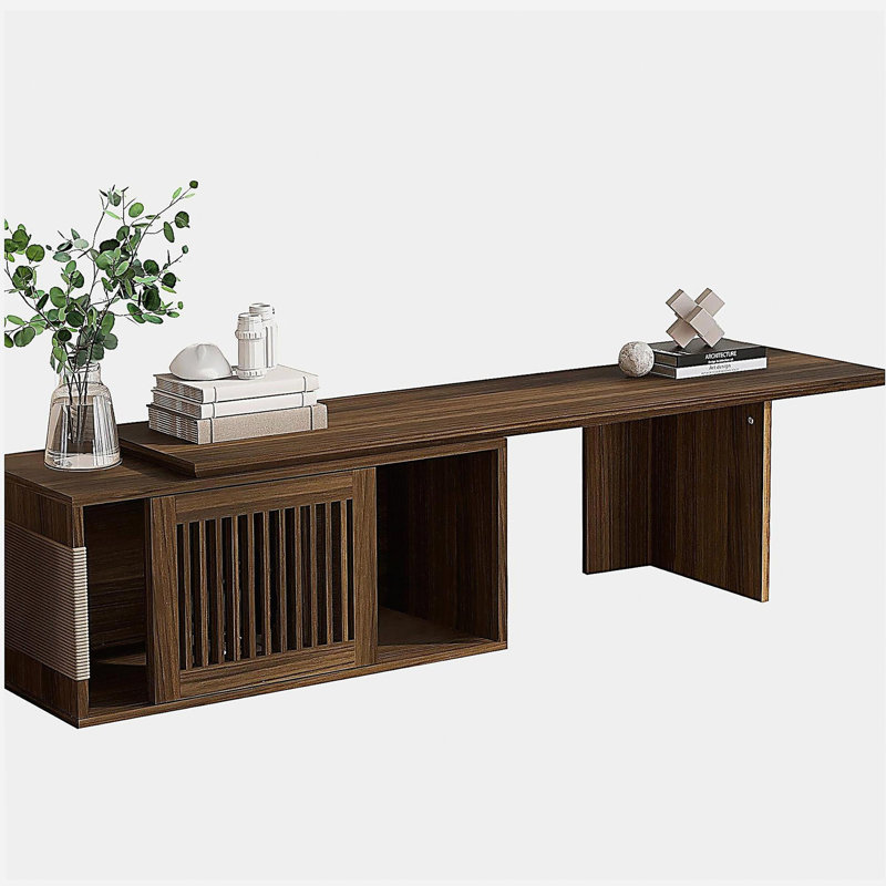 Meuble télé Mid-Century moderne en bois de noyer avec table de salle à manger extensible, portes coulissantes rembourrées, mobilier adapté aux chats