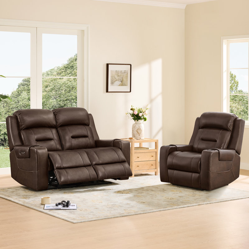 Olathe Genuine Leather Dual Motor Power Reclining Lay Flat Living Room Set With Power Headrest, Brown