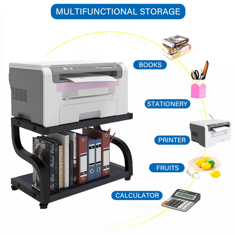 Black Metal and Wood Dual Tier Printer Stand Organizer