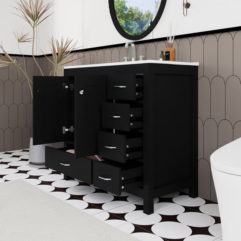 Ensemble de meuble-lavabo autoportant 36 po avec comptoir en céramique 36 po, Noir, Argent argent