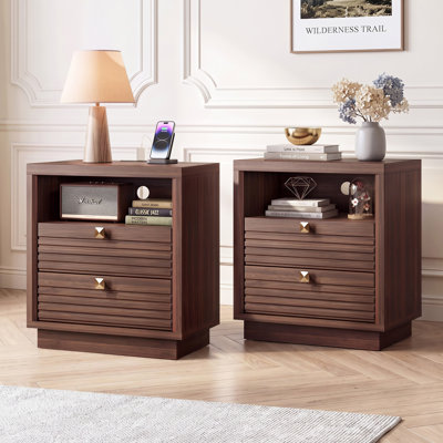2 - Drawer Nightstand With Built-In Outlets,Modern Fluted Walnut Nightstand Set of 2 with Open Shelf, Sturdy Wooden Bedside Table for Bedroom, Living Room, Office