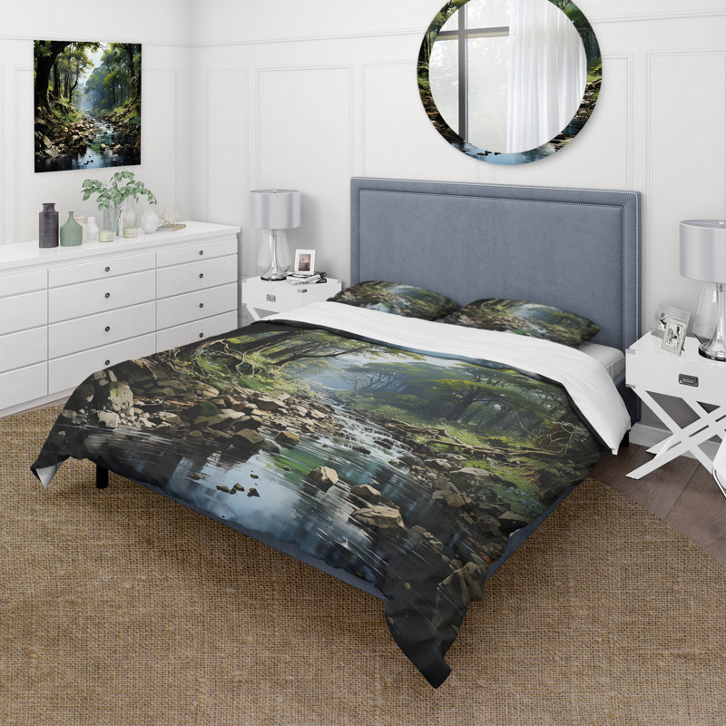 Gentle River Through Country Charm Forest - River Forest Duvet Cover Set - Microfiber Polyester
