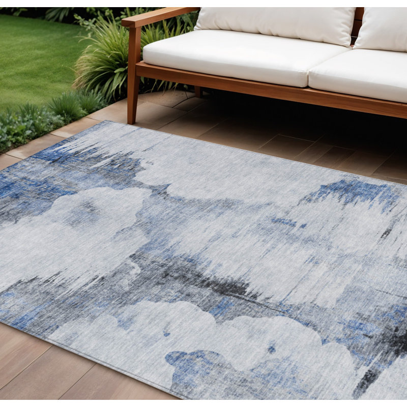 Tapis extérieur lavable abstrait bleu marine et ivoire 9 pi x 12 pi