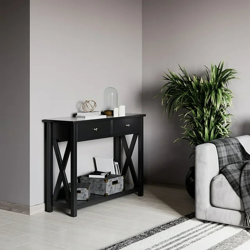 Black Wood and Metal Console Table with Storage Drawers