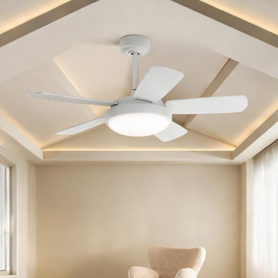Ventilateur de plafond pour chambre à coucher et salon avec panneau de fibres à densité moyenne blanc et métal, commande à distance et circulation d'air saisonnière