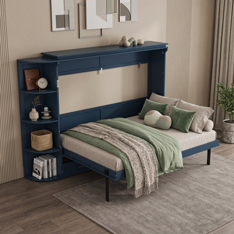 Lit escamotable 3 tiroirs avec tablettes latérales, Bleu, Lit double