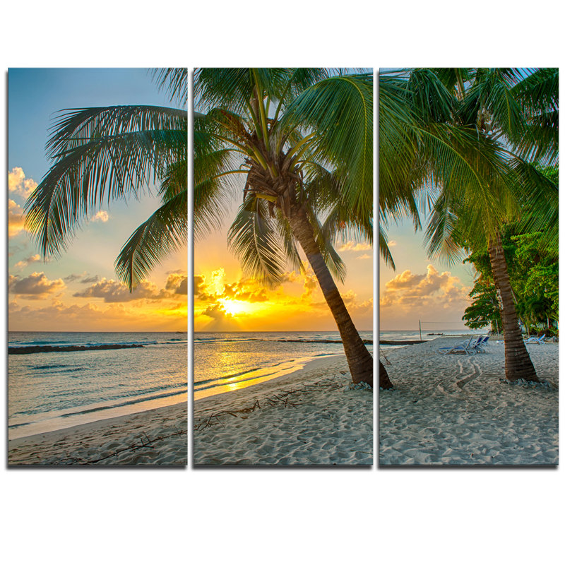 Caribbean Island Beach Landscape Canvas Artwork in Blue and Beige