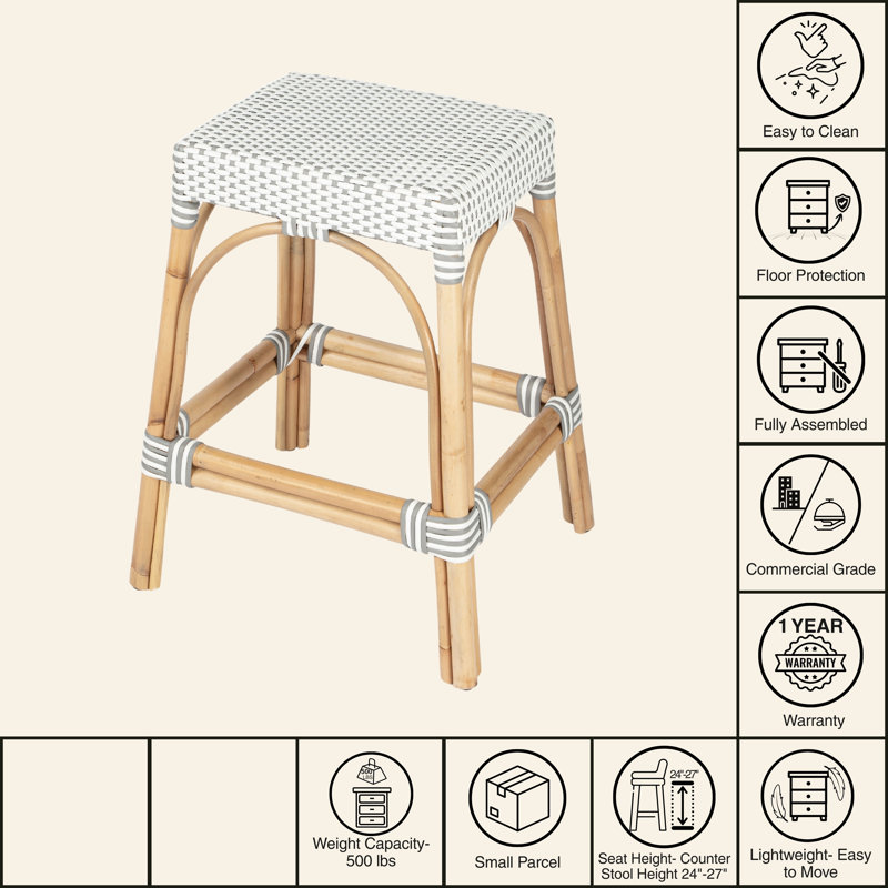 Robias Rattan Bar & Counter Stool, White/Gray Dot / Natural Rattan Frame, Counter Stool (24.5" Seat Height)